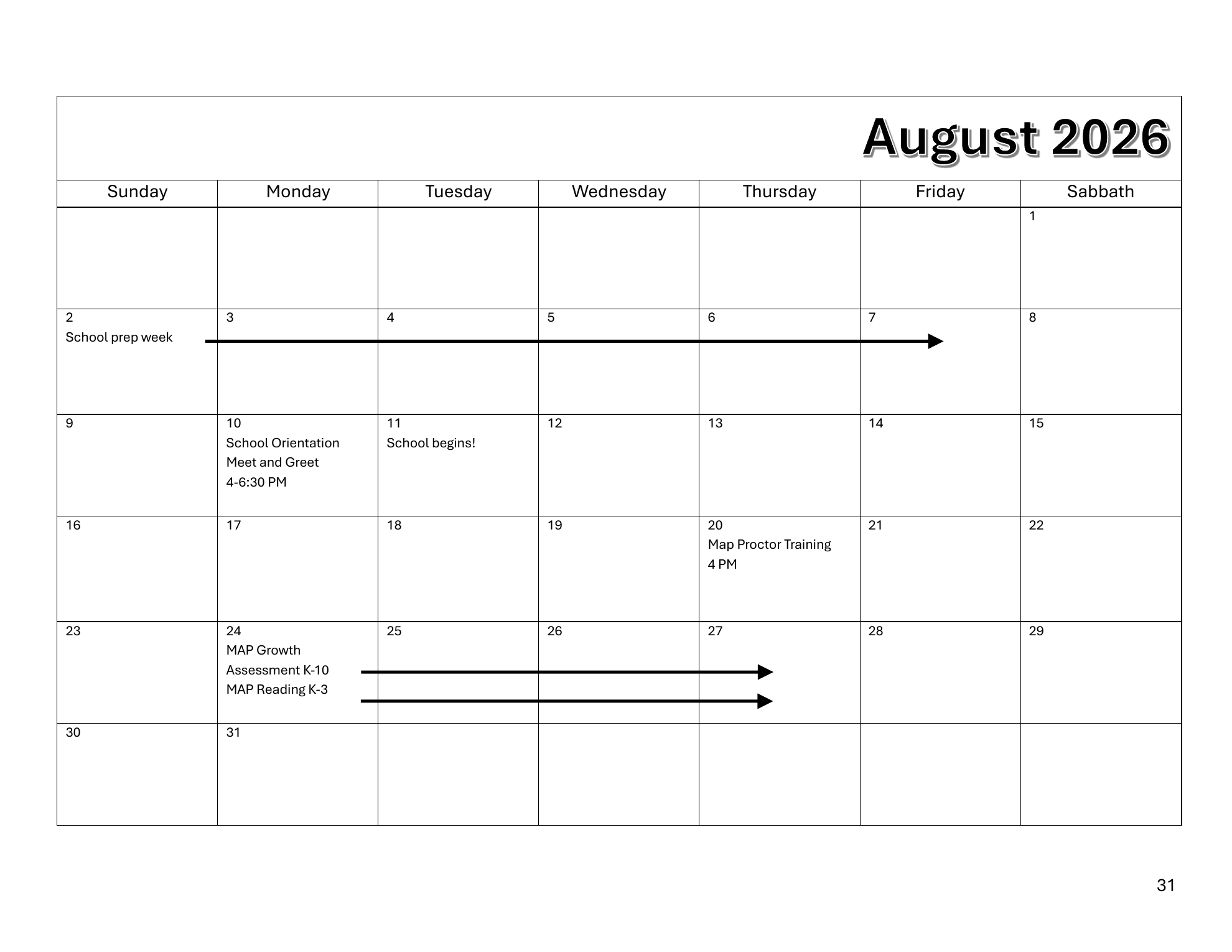 PCAS School Calendar - August 2026